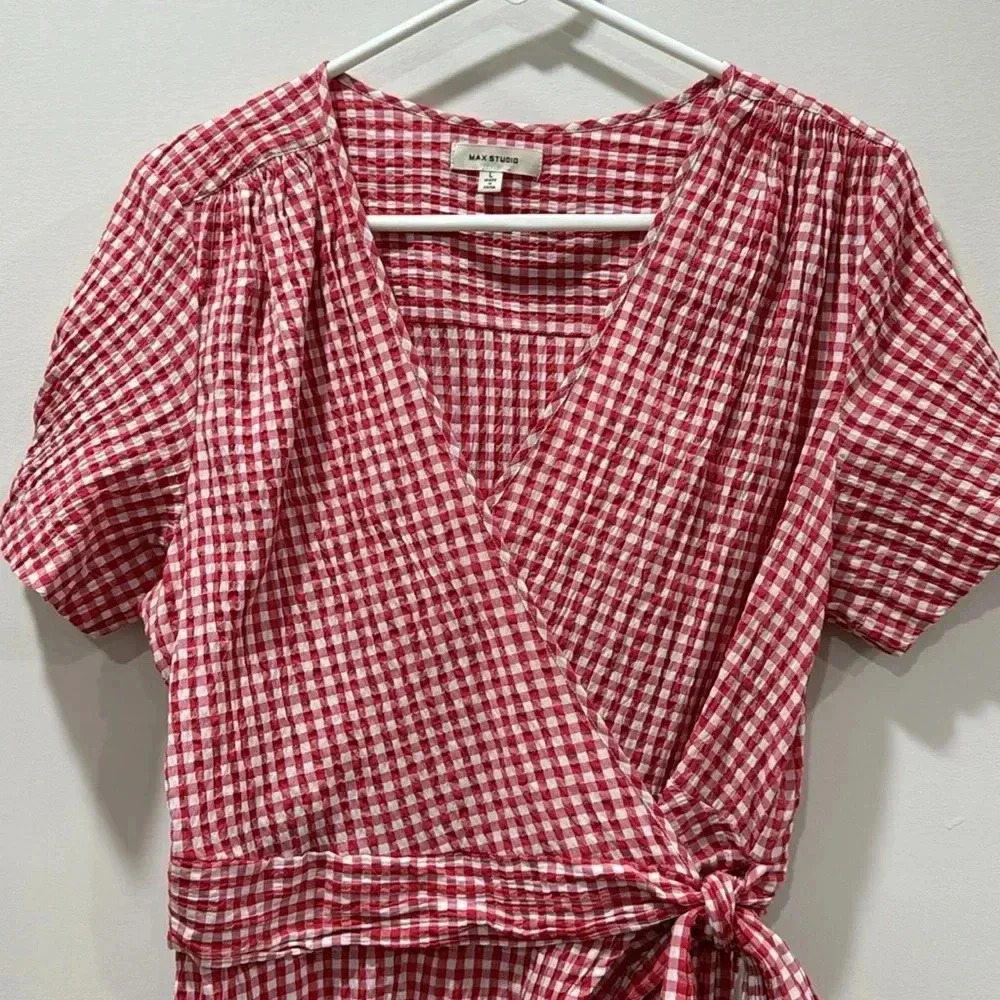 Max Studio Red and White Check Short Sleeve Wrap Shirt - Size L - Picture 2 of 9